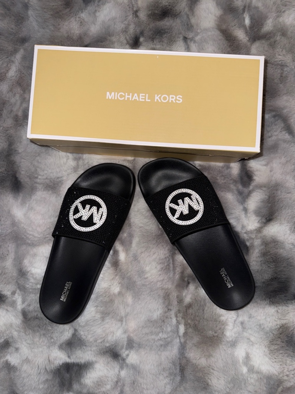 MICHAEL KORS, Black Rhinestone Slide Sandals 🔥